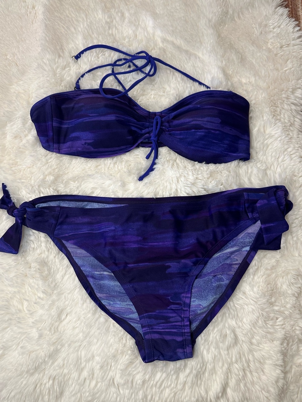 Exhilaration Purple Bandeau Bikini Set Tie Side Swimsuit Watercolor Print - Picture 2 of 16